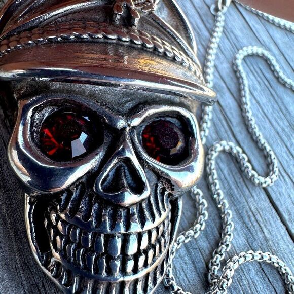 Men's Bold Skull Pendant Necklace with Red Eyes - 24" Stainless Steel Chain - Picture 14 of 17